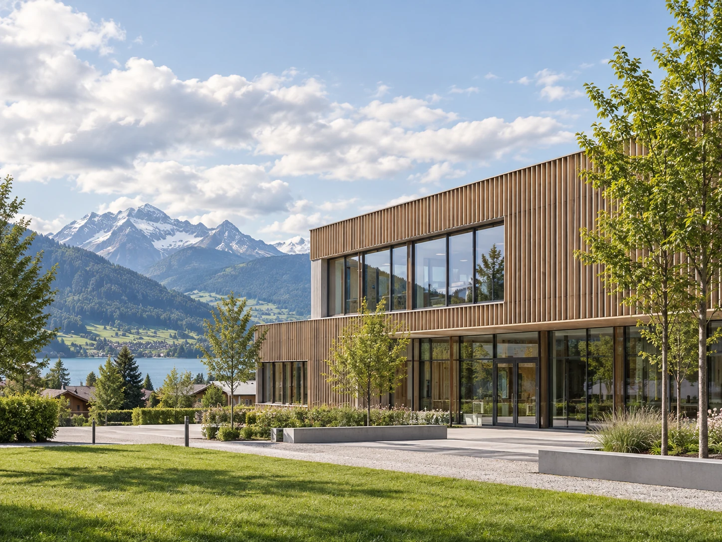 KI-generierte Architektur mit Holzfassade, See und Bergen